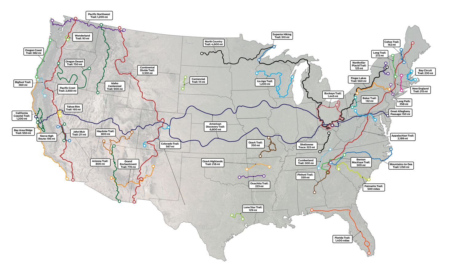 Carte des longues randonnées aux États-Unis