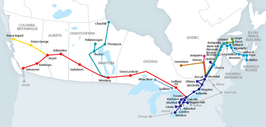 Les trajets de train au Canada © Via Rail